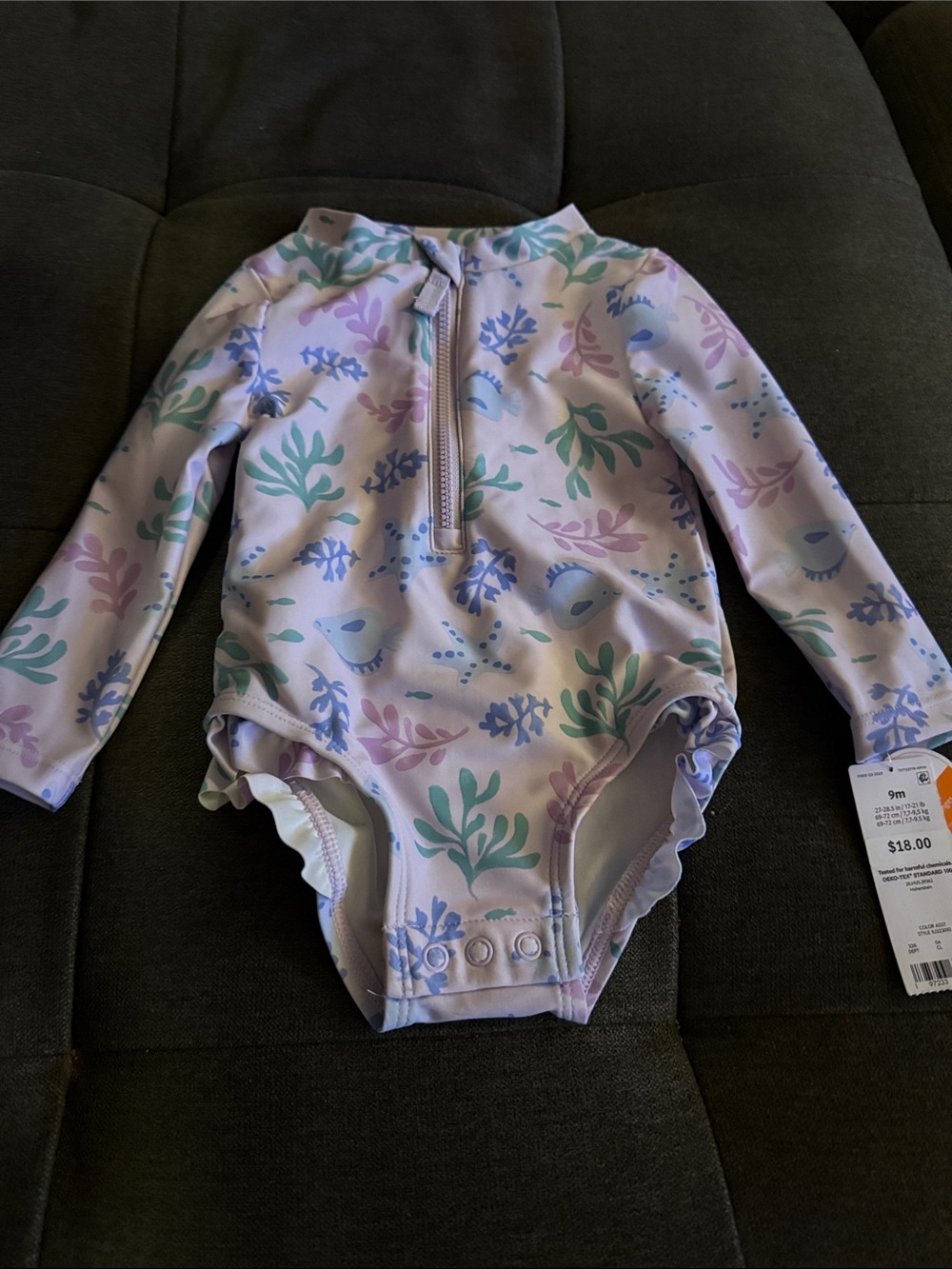 Carter's Lavender Long-Sleeve Zip Front Swim Onesie with Mint & Blue Sea Print